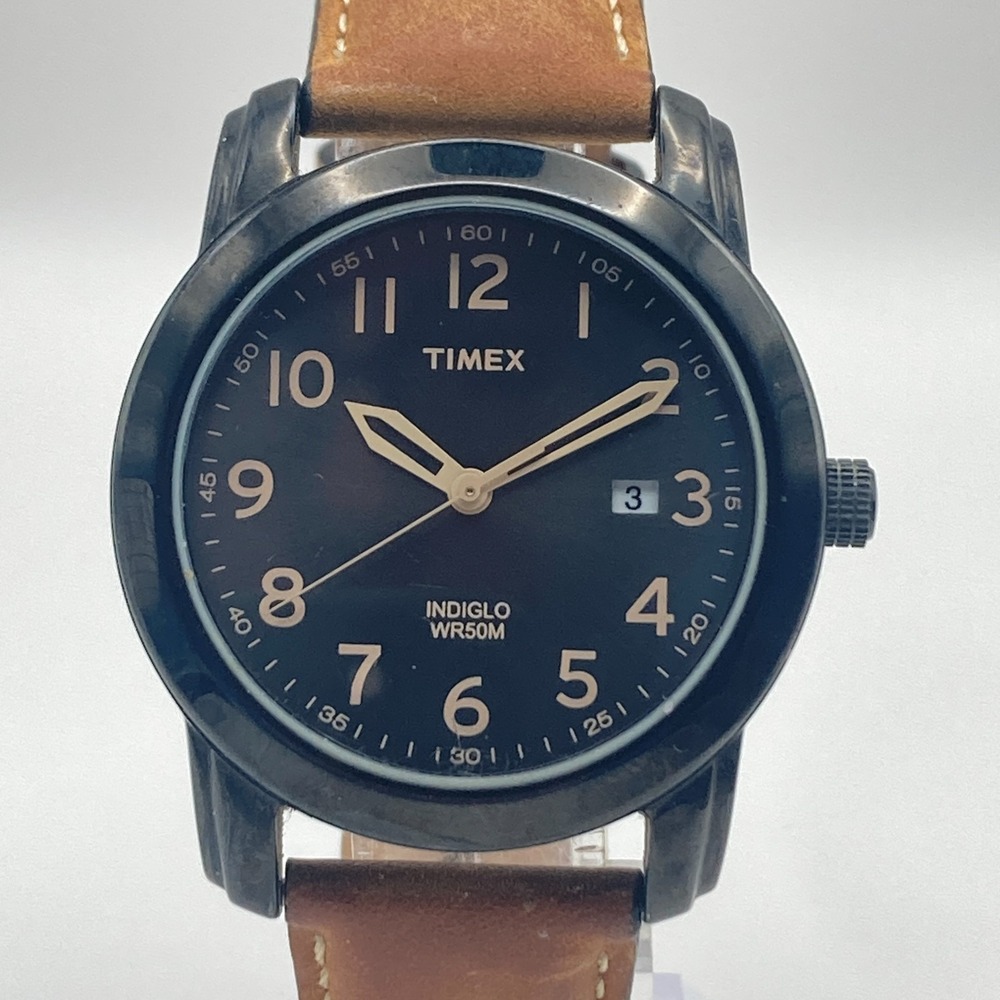 Timex Highland Street Men's Watch 39mm Black Tan Date Indiglo WR New Battery 9"